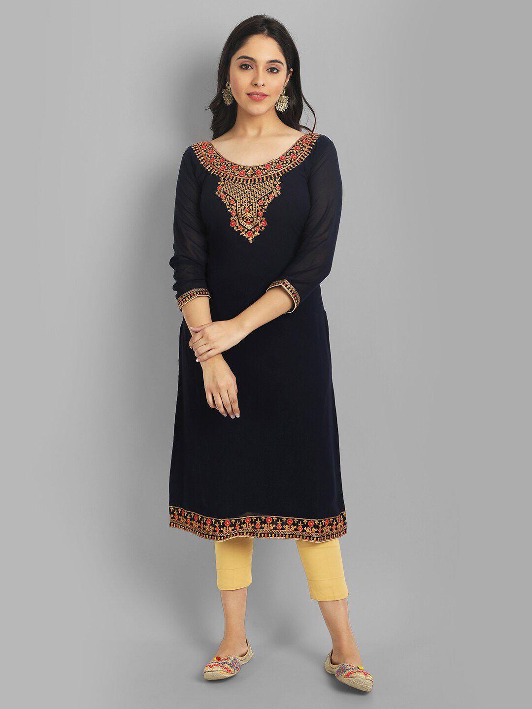 femvy women black embroidered kurta