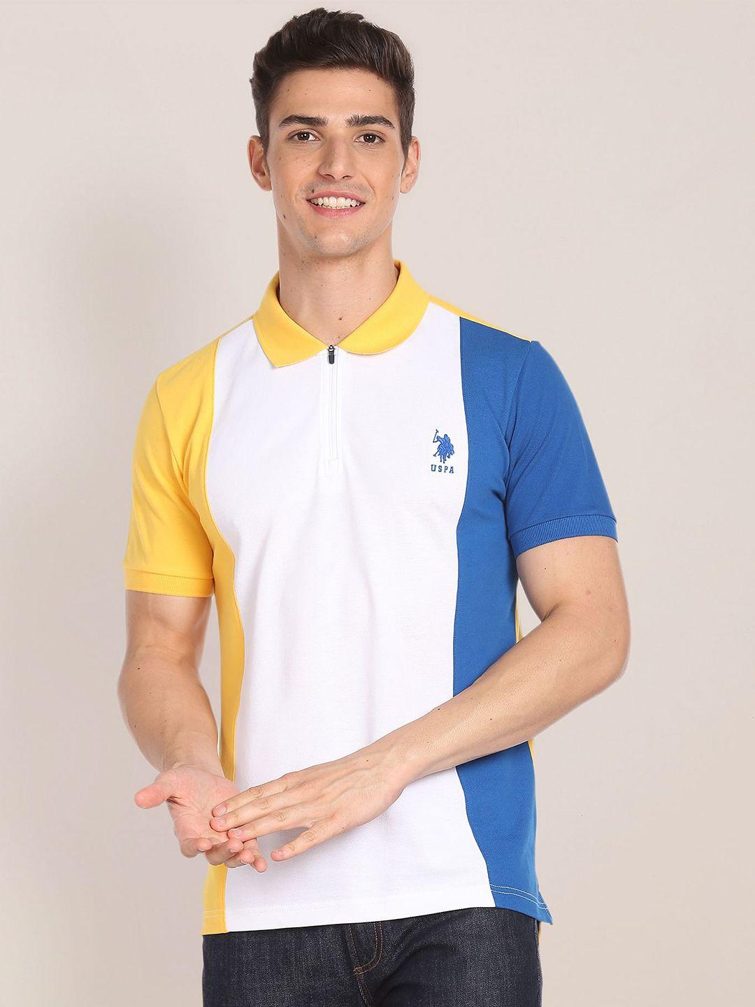 u s polo assn men yellow colourblocked polo collar applique slim fit t-shirt