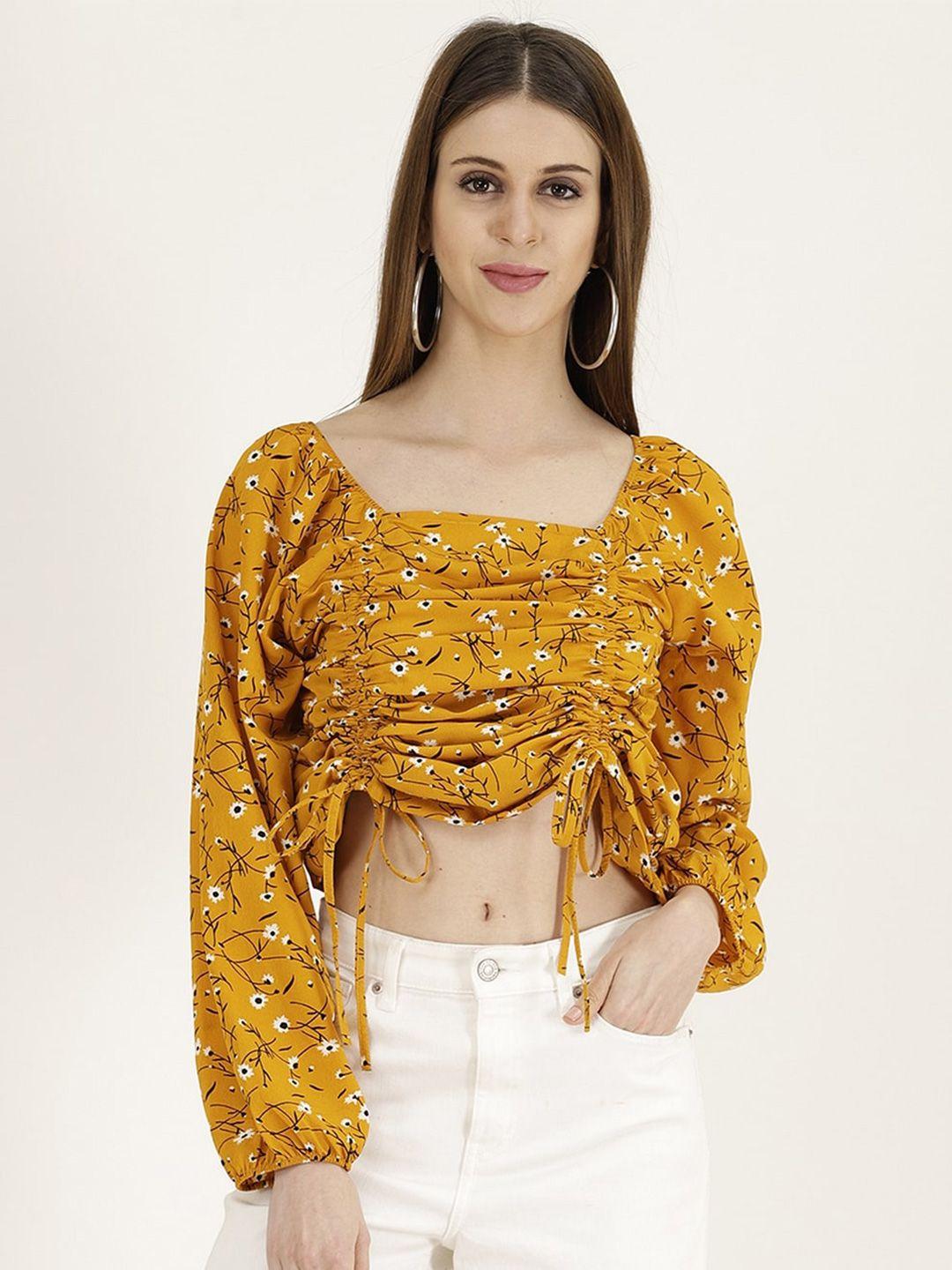 baesd floral printed puff sleeve ruched crepe crop top