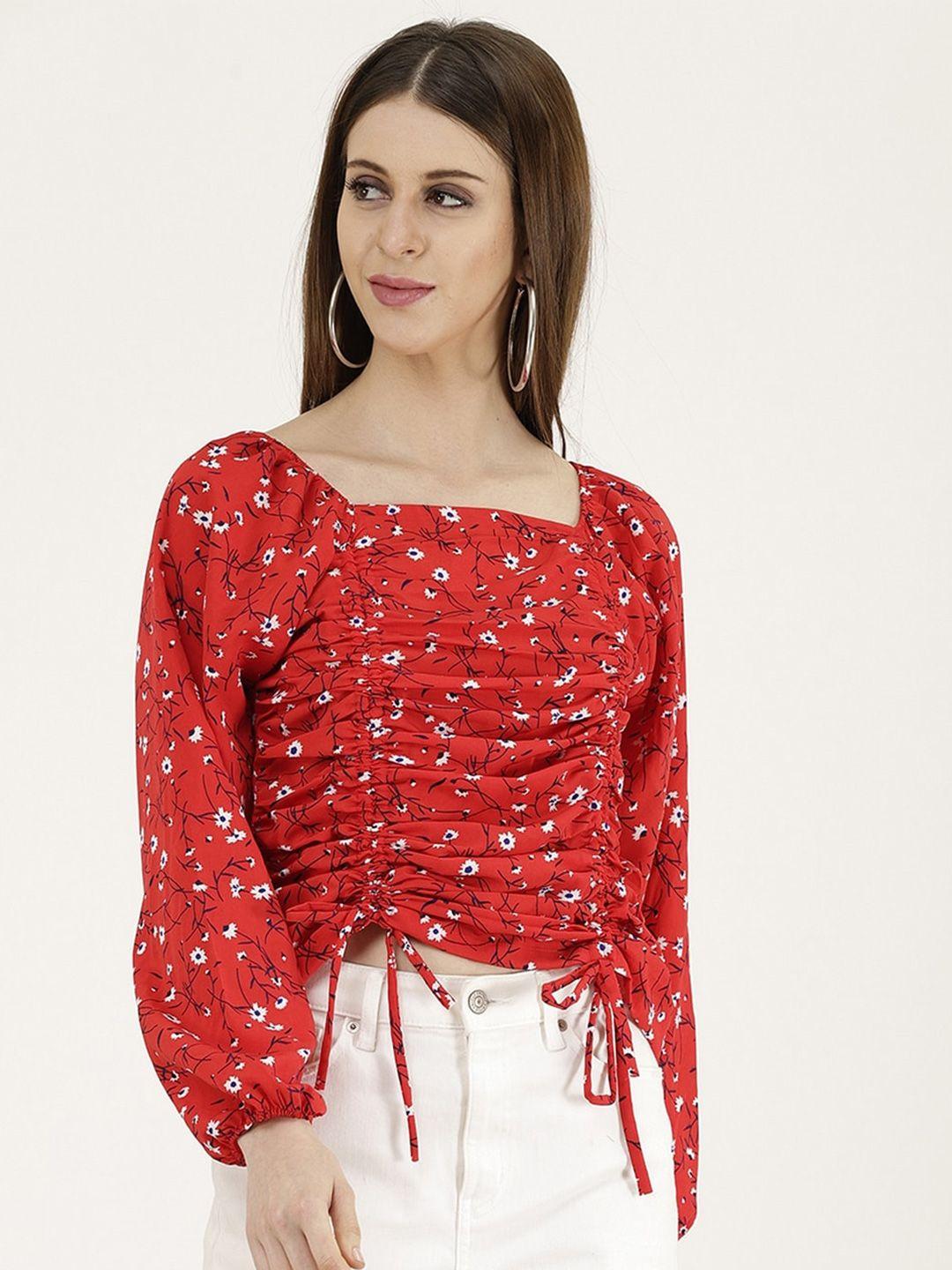 baesd floral printed puff sleeve ruched crepe crop top