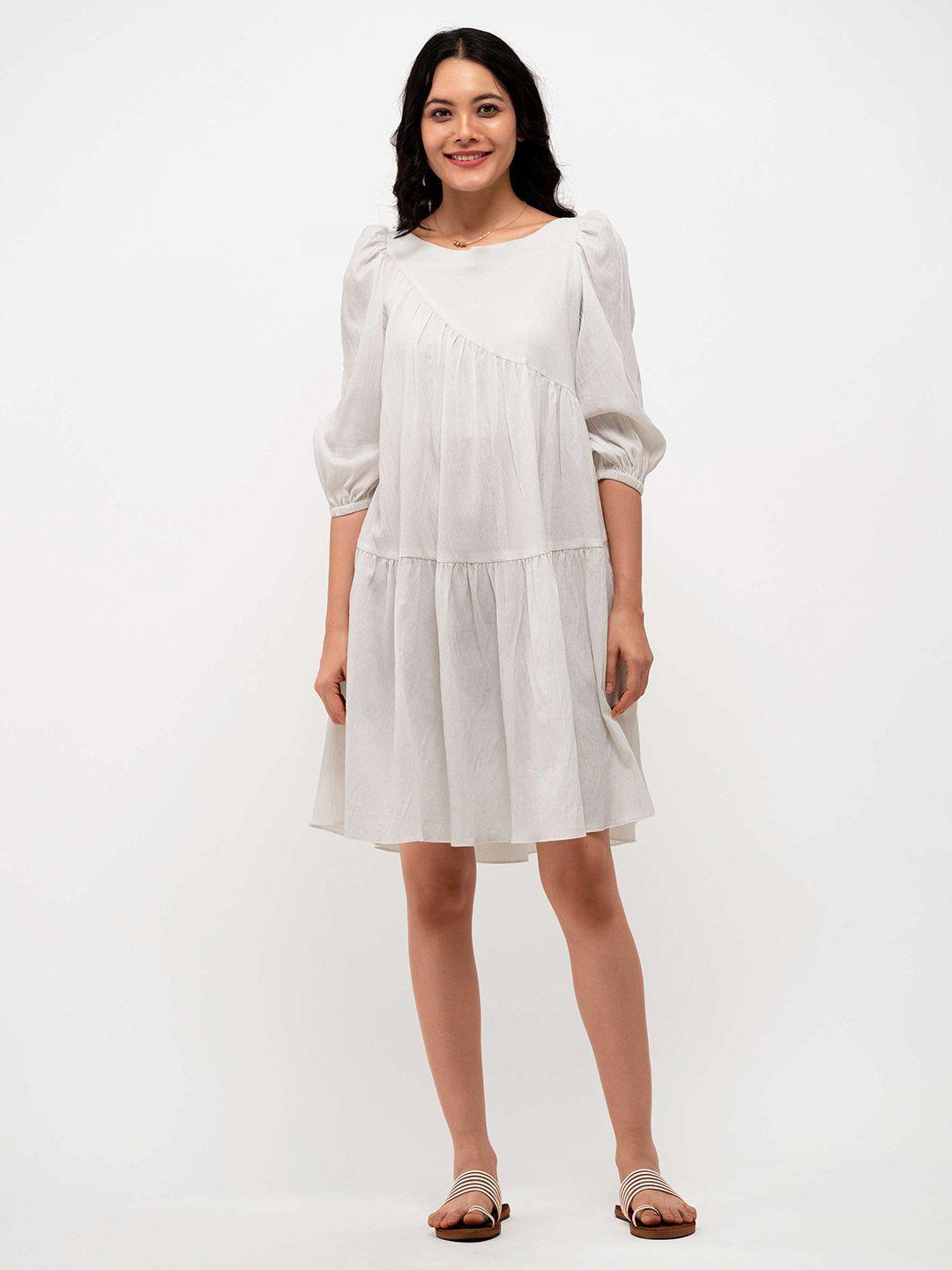 aask white puff sleeve crepe a-line dress