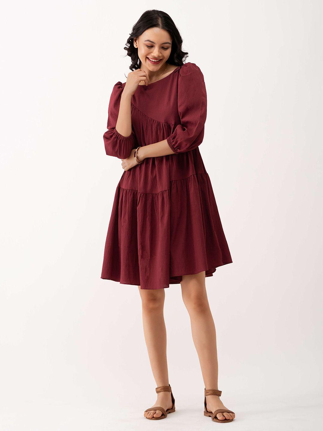 aask maroon crepe fit & flare dress