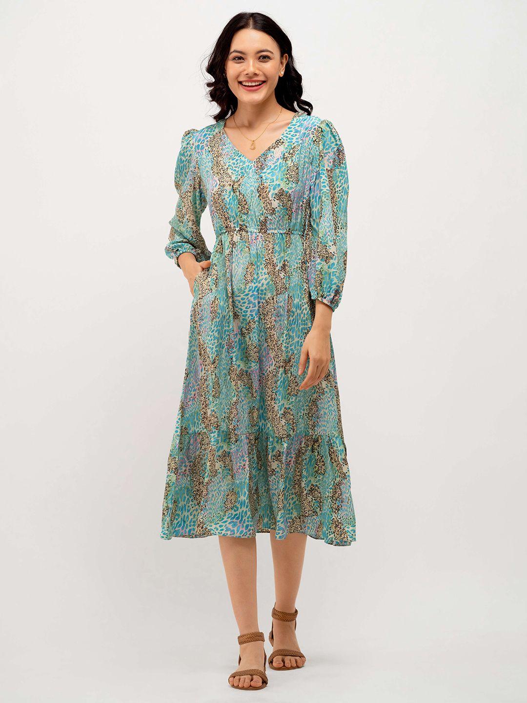 aask blue floral print puff sleeve crepe fit & flare midi dress