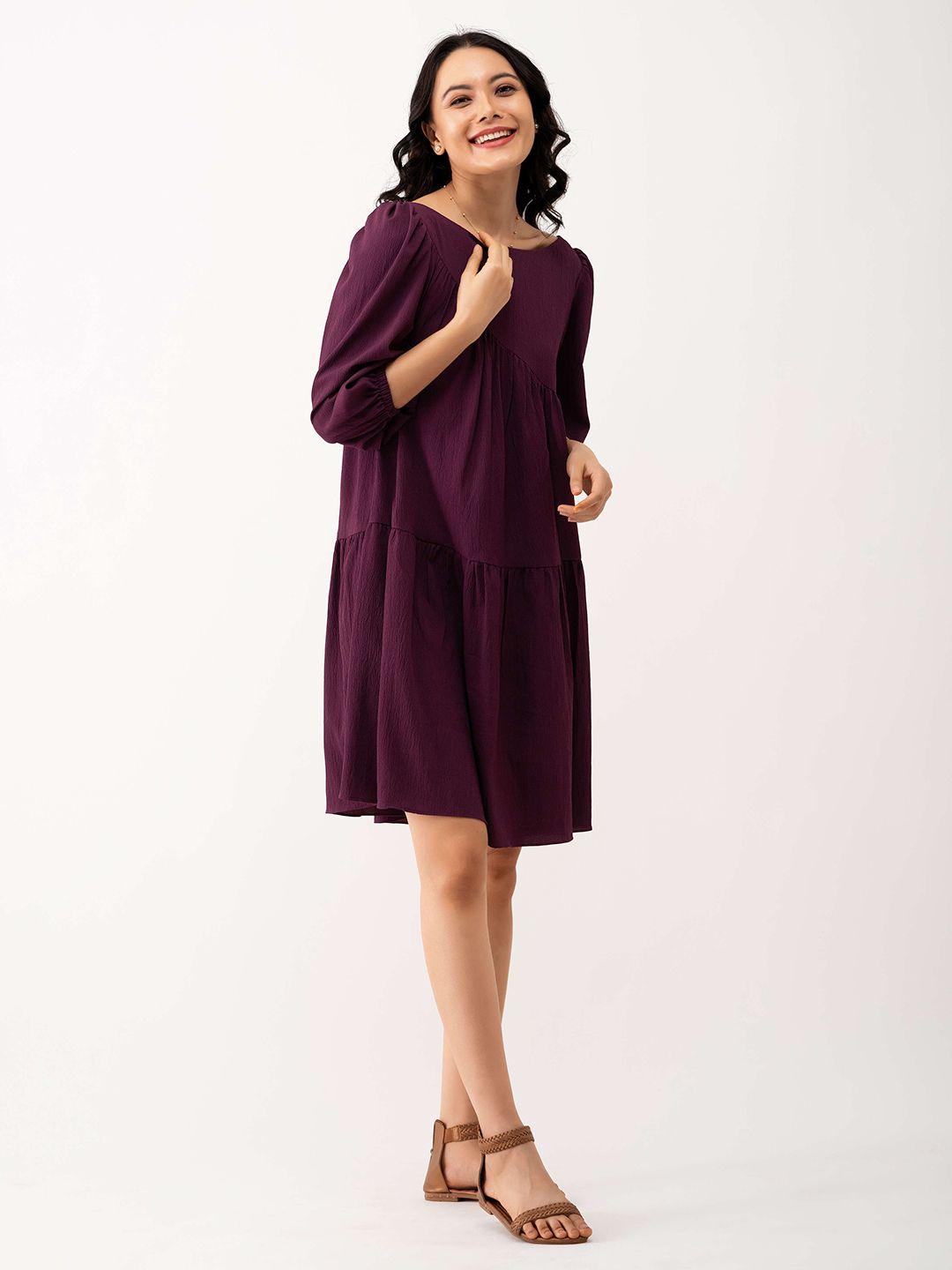 aask purple puff sleeve crepe a-line dress