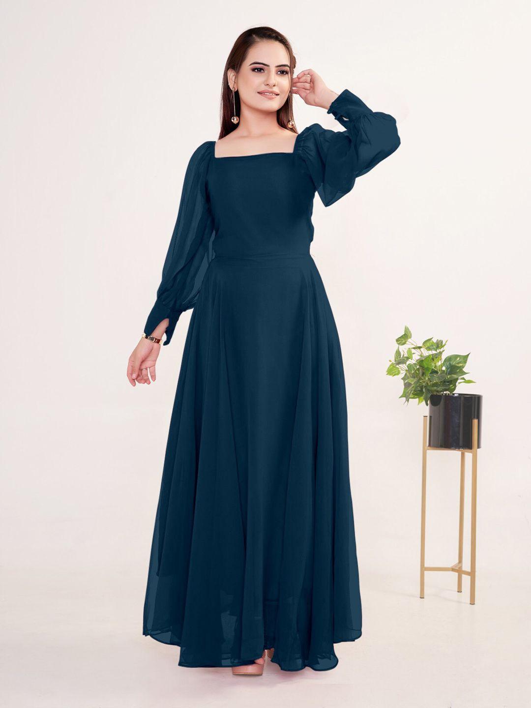 femvy blue puff sleeve applique georgette maxi dress