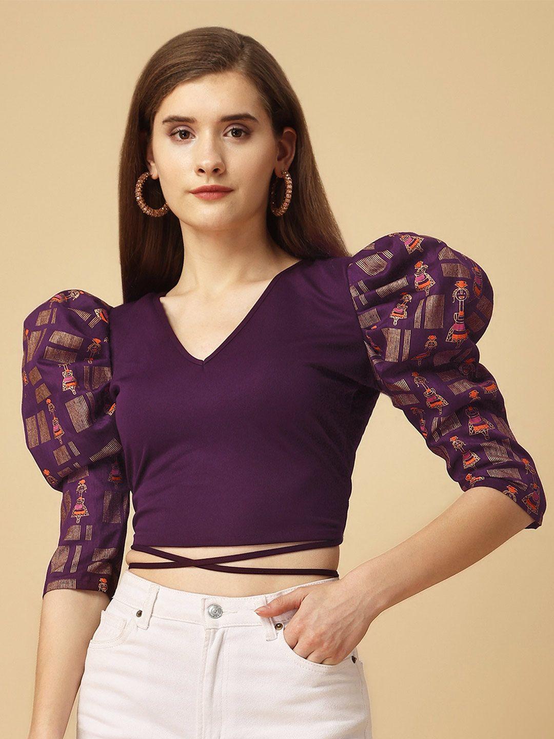 paralians purple puff sleeve crepe crop top