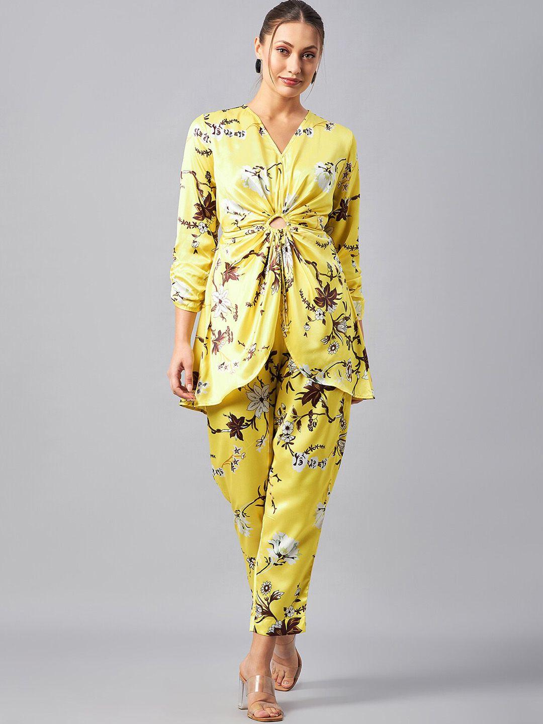 antheaa floral printed v-neck tunic with trousers co-ords