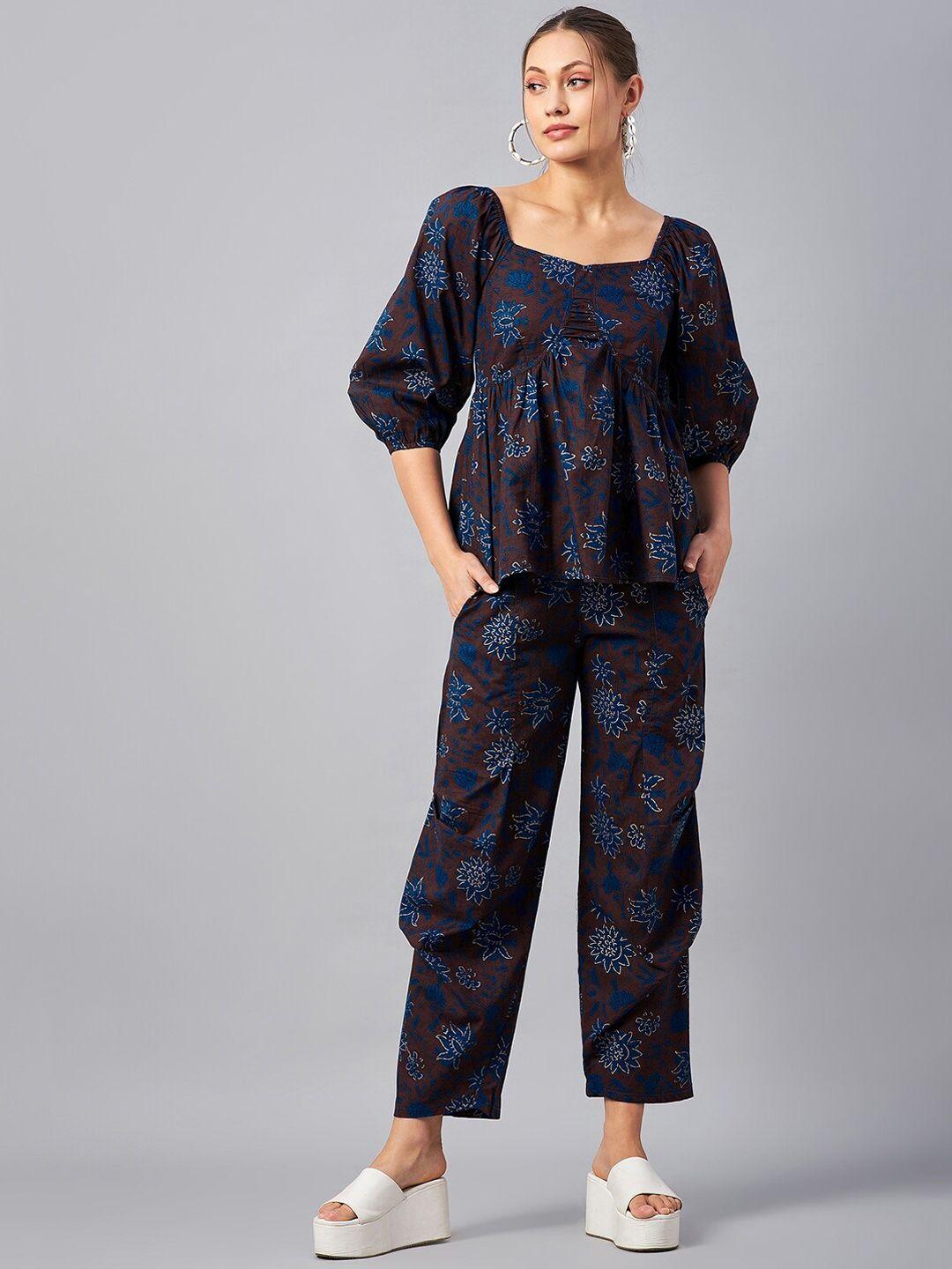 antheaa floral printed sweetheart neck tunic with trousers co-ords