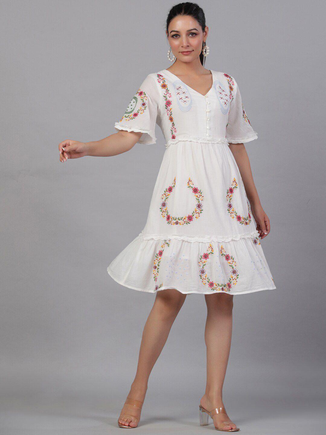 aadews floral embroidered flared sleeve ruffled flounce fit & flare cotton dress