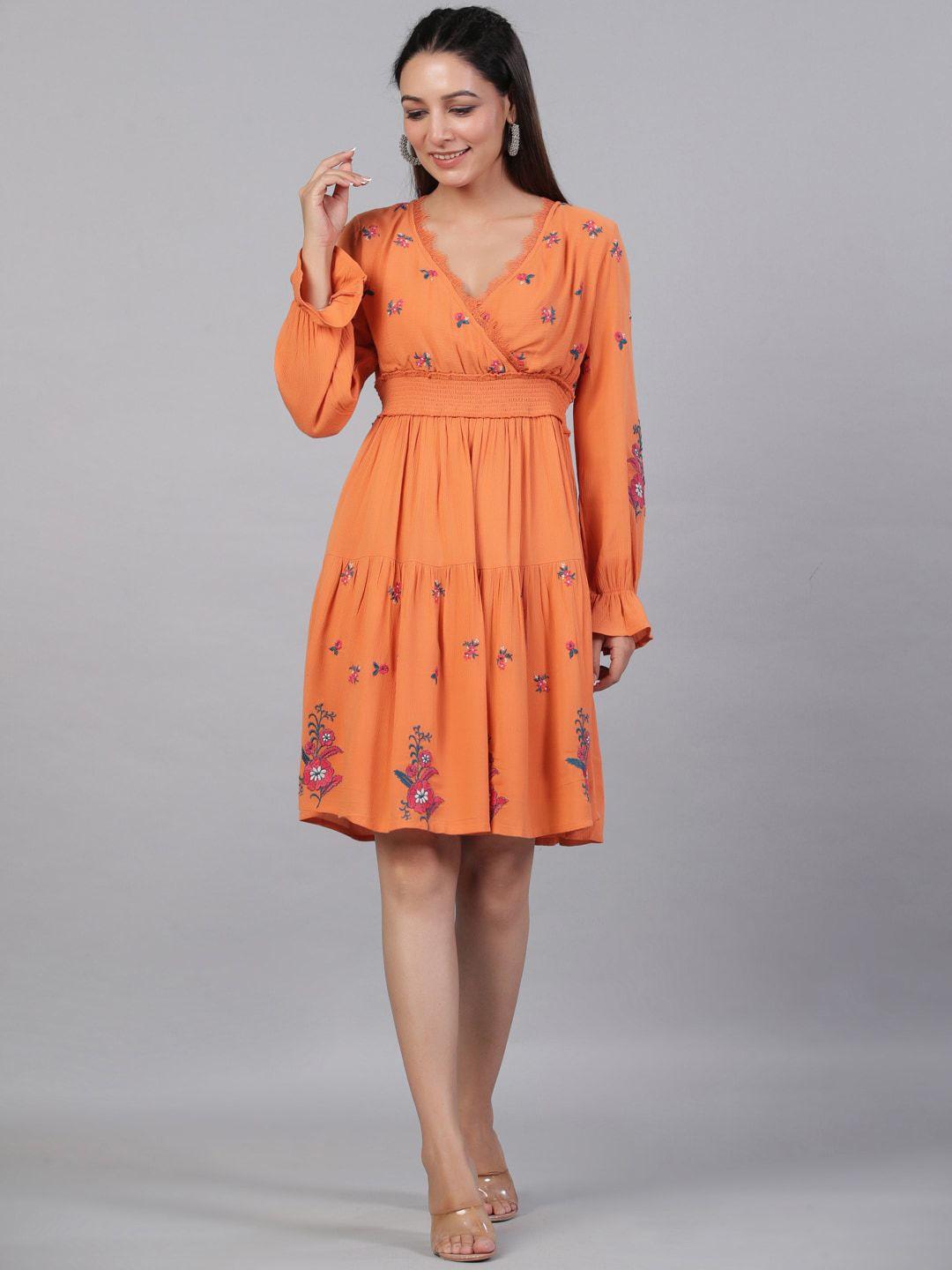 aadews  embroidered smocked v-neck puff sleeve fit & flare dress