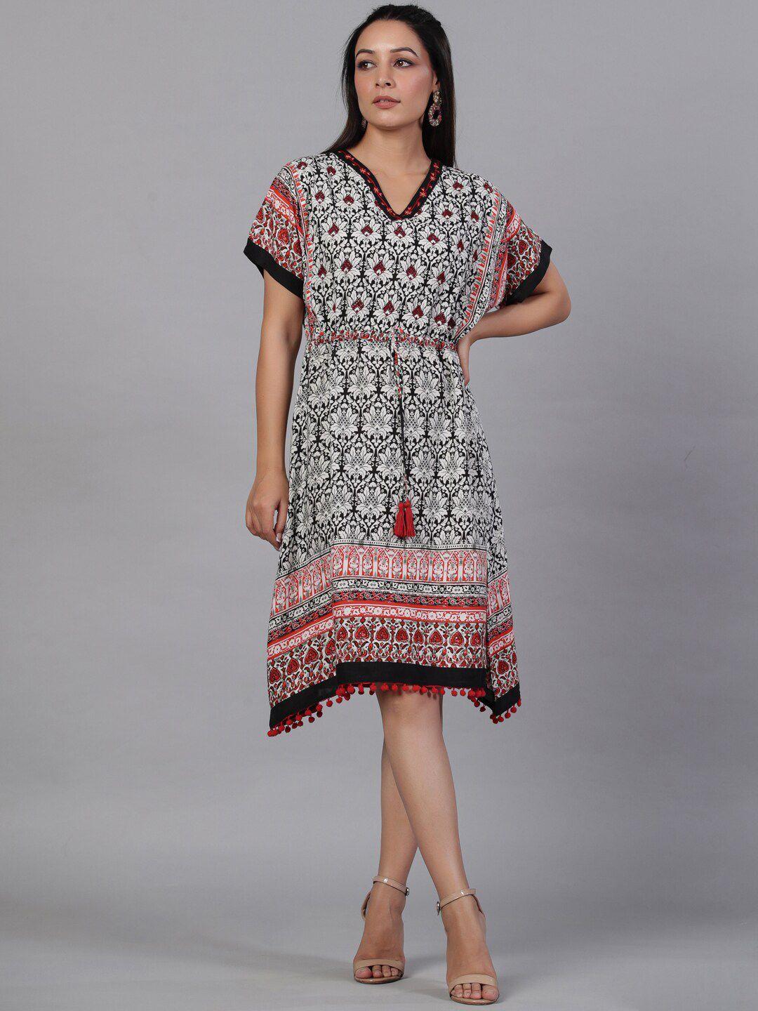 aadews ethnic motifs printed v-neck extended sleeves fit & flare  dress