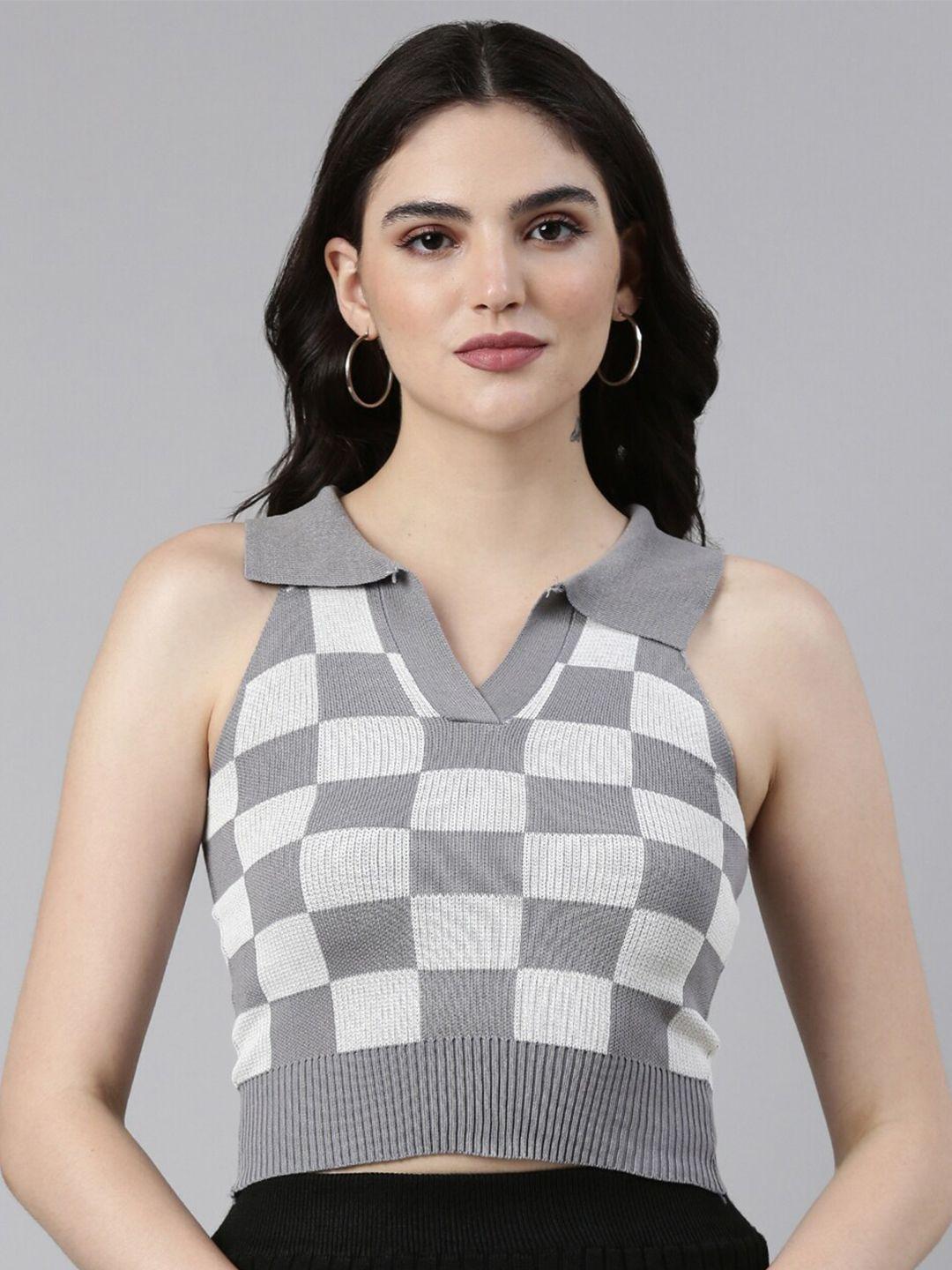 showoff checked shirt collar fitted crop top