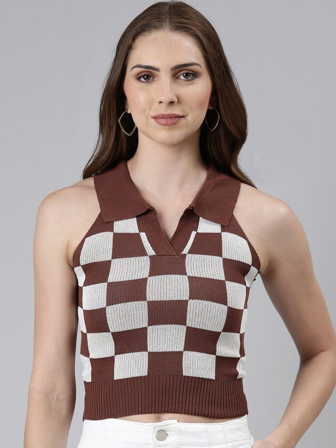 showoff checked shirt collar sleeveless woollen fitted top