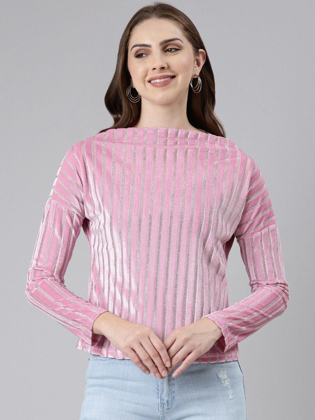 showoff striped embellished boat neck extended sleeves velvet top