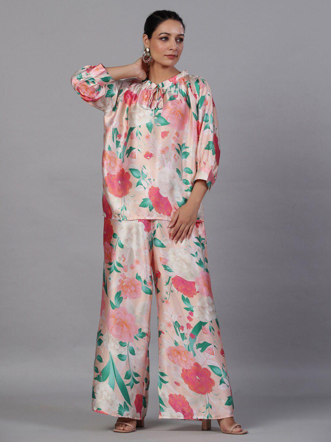 aadews women floral print satin top & palazzos