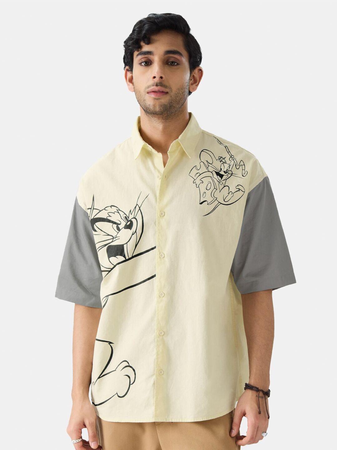 the souled store beige & grey relaxed boxy tom and jerry printed casual pure cotton shirt