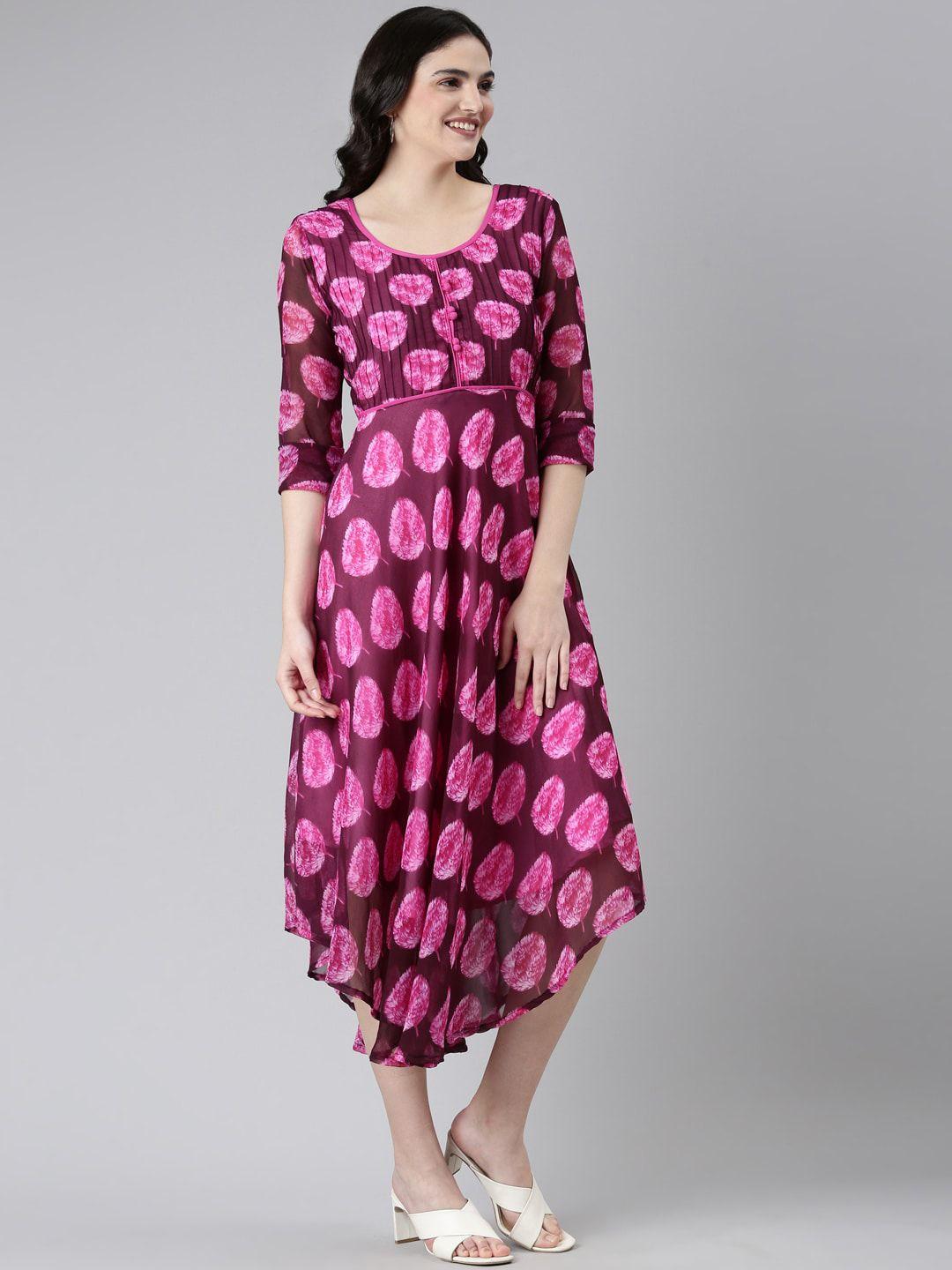 souchii purple ethnic motifs print chiffon fit & flare midi dress