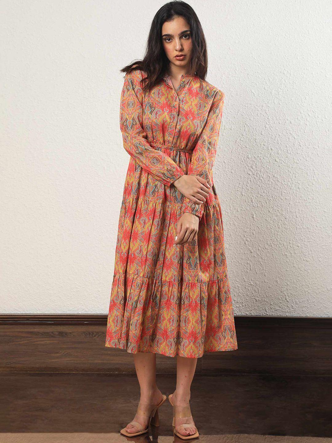 rareism ethnic motifs printed cuffed sleeves midi dress