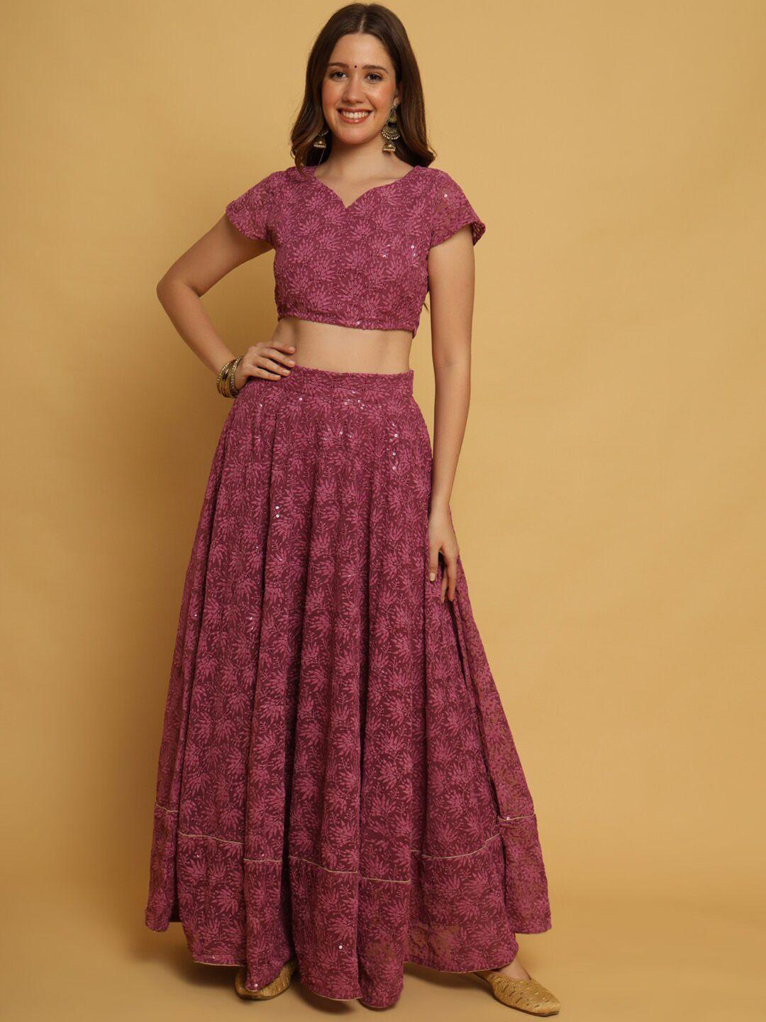 all about you purple & gold-toned embroidered thread work ready to wear lehenga & blouse with dupatta