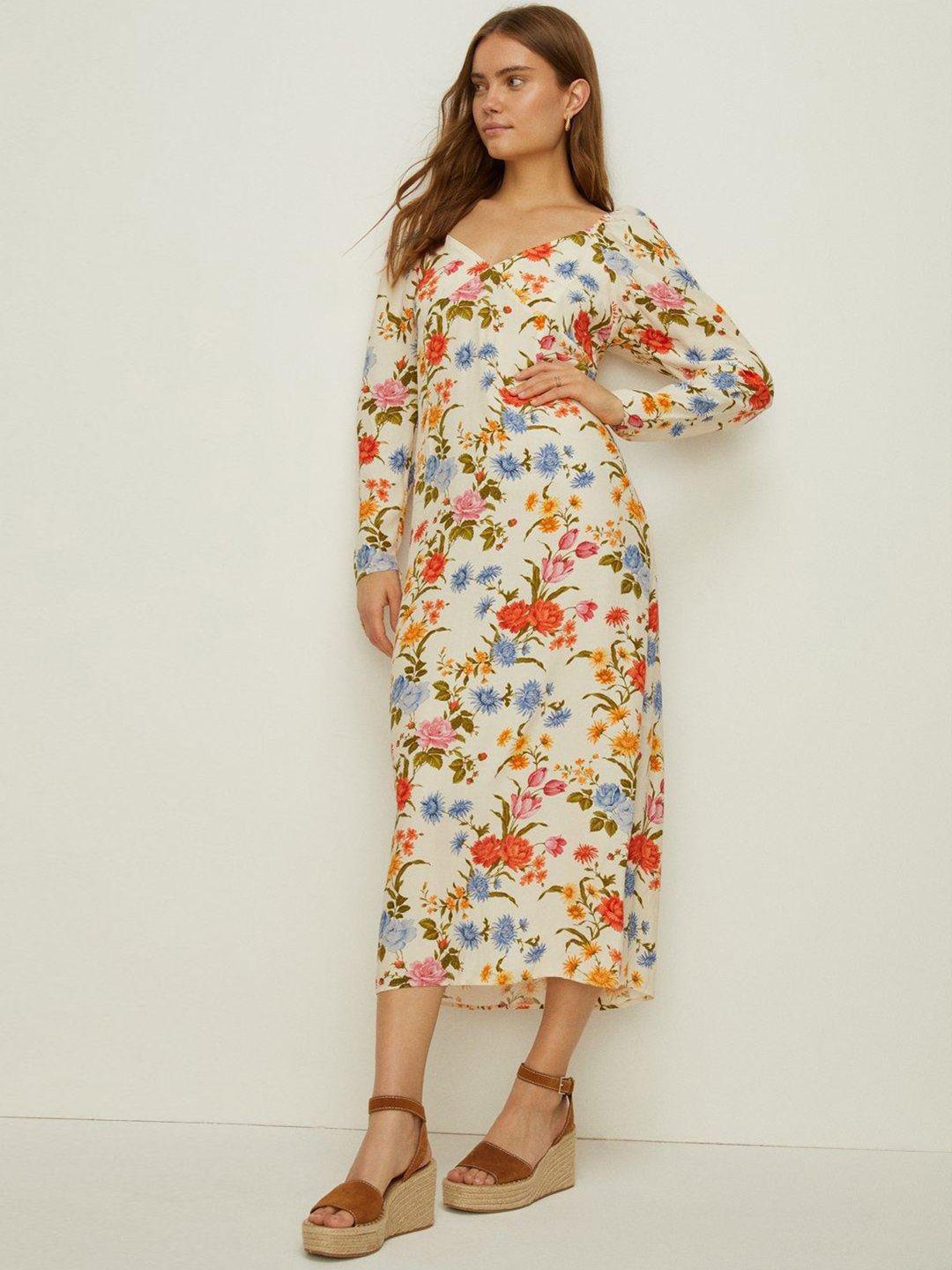 oasis stem floral print puff sleeve a-line midi dress