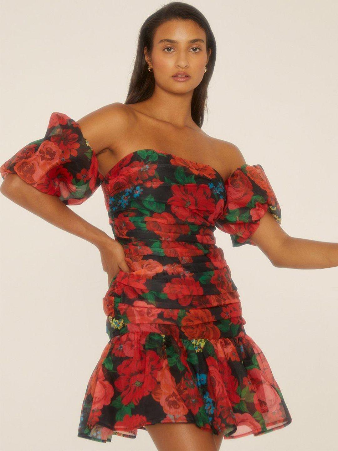 oasis floral print off-shoulder puff sleeve a-line mini dress