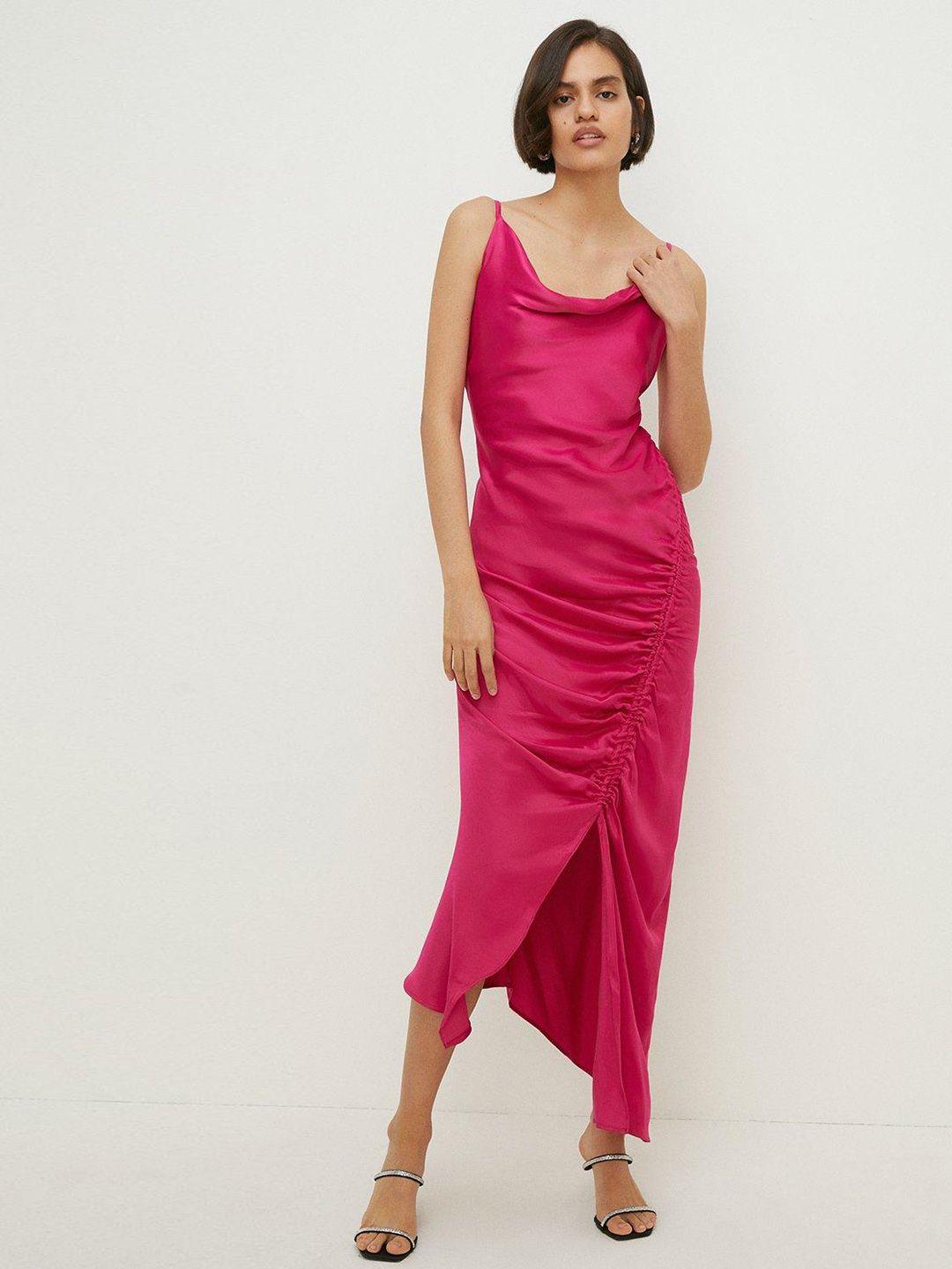 oasis cowl neck ruched satin slip midi dress