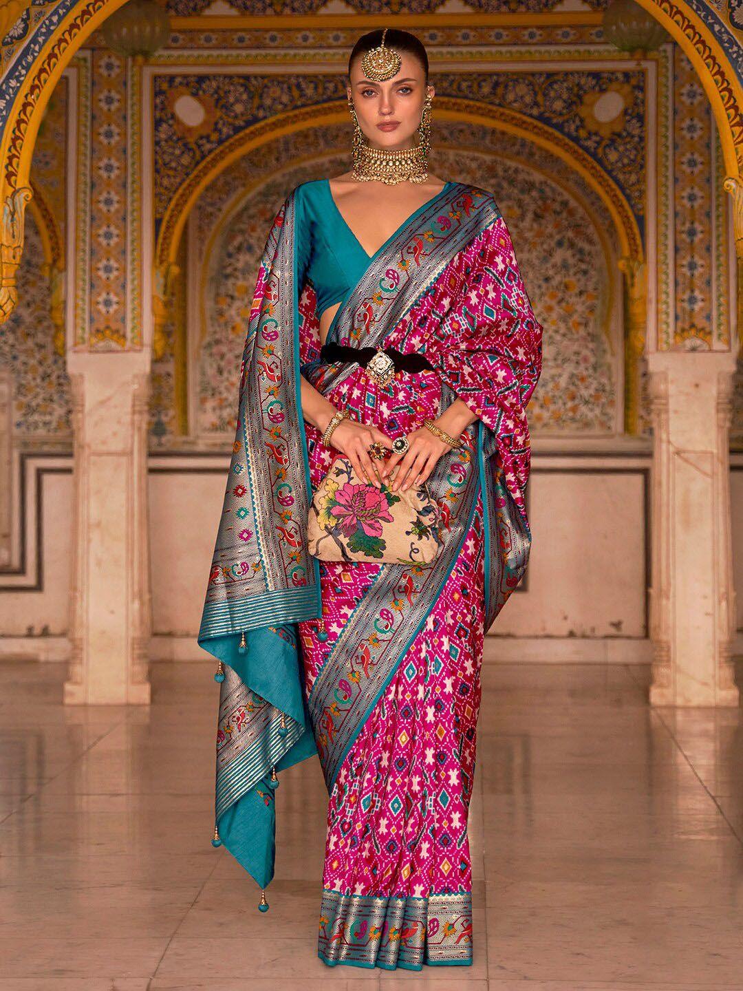 anouk pink & blue ethnic motifs zari silk blend patola saree