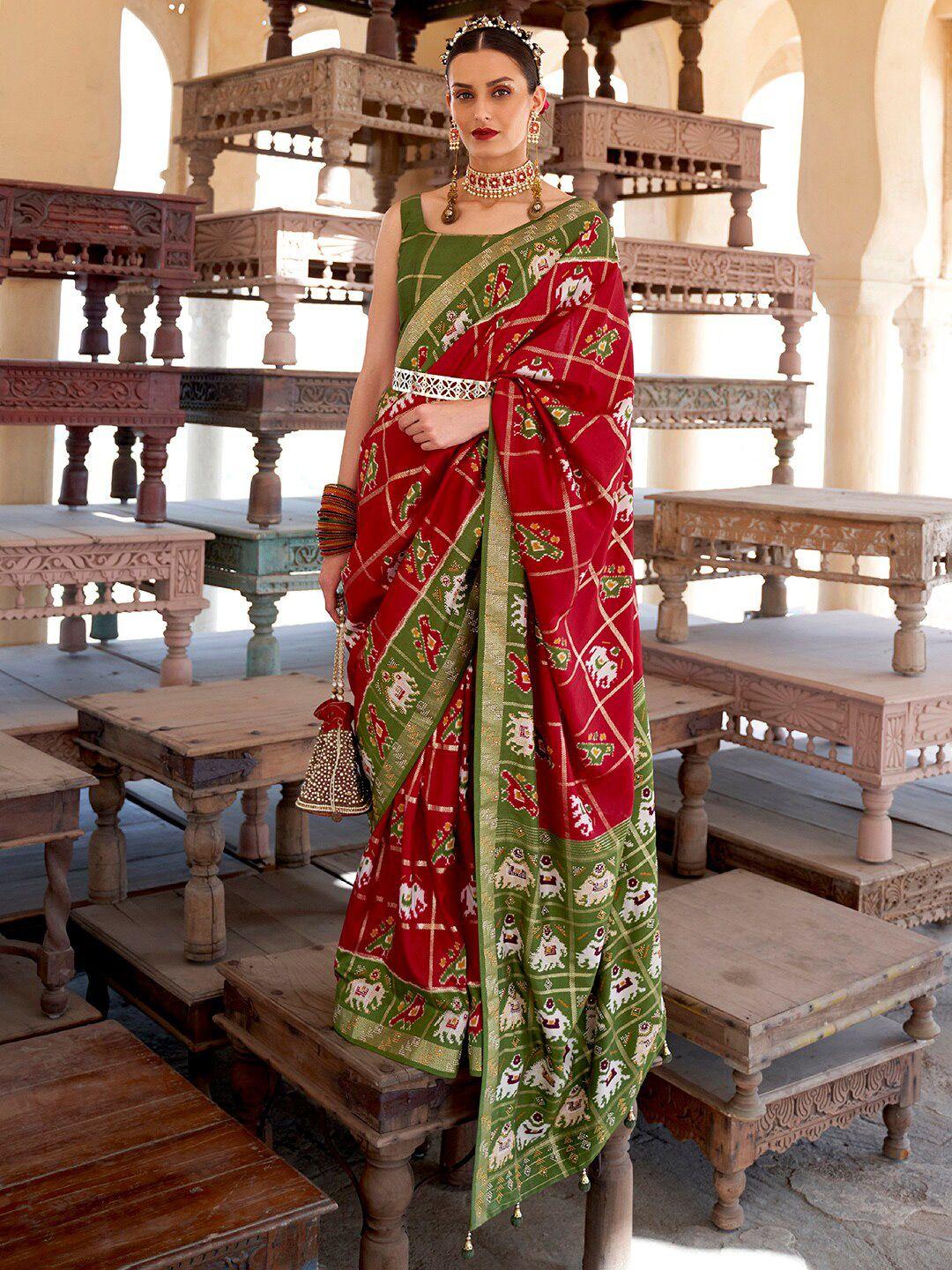 anouk red & green ethnic motifs zari silk blend patola saree