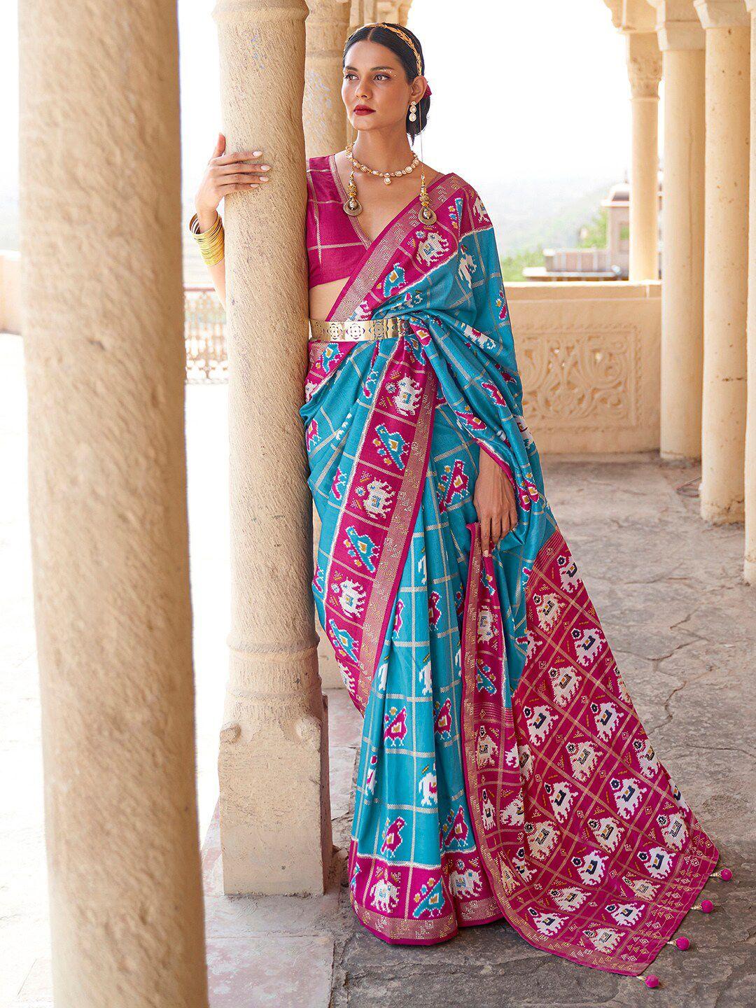 anouk blue & pink ethnic motifs zari silk blend patola saree