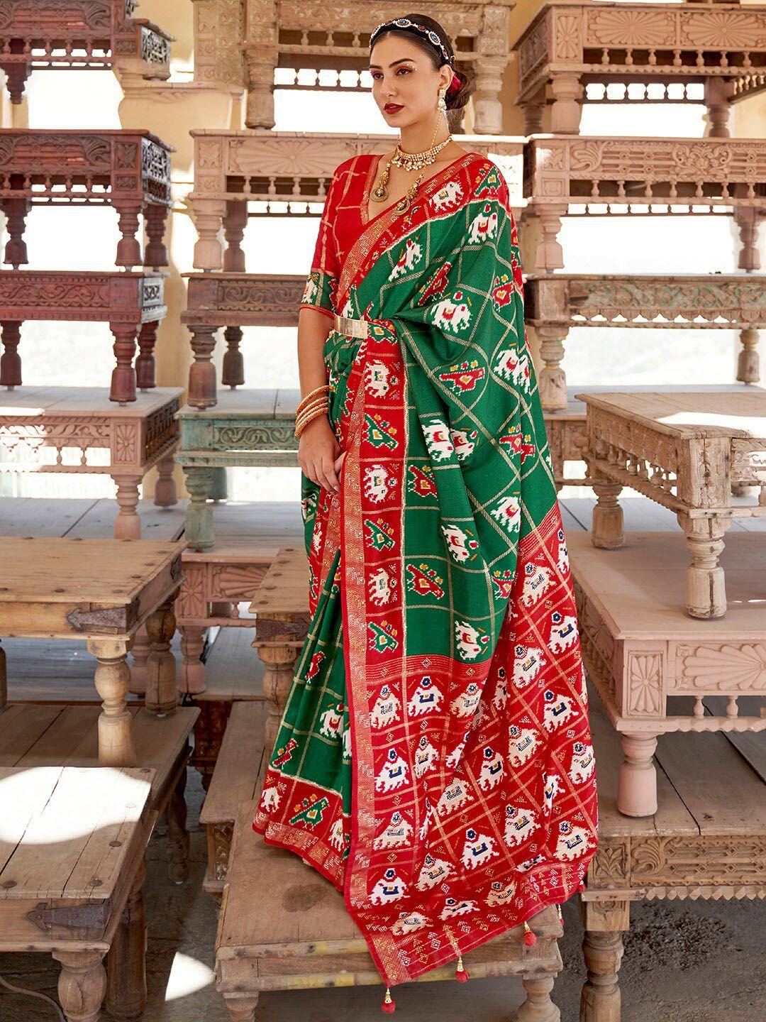 anouk green & red ethnic motifs zari silk blend patola saree