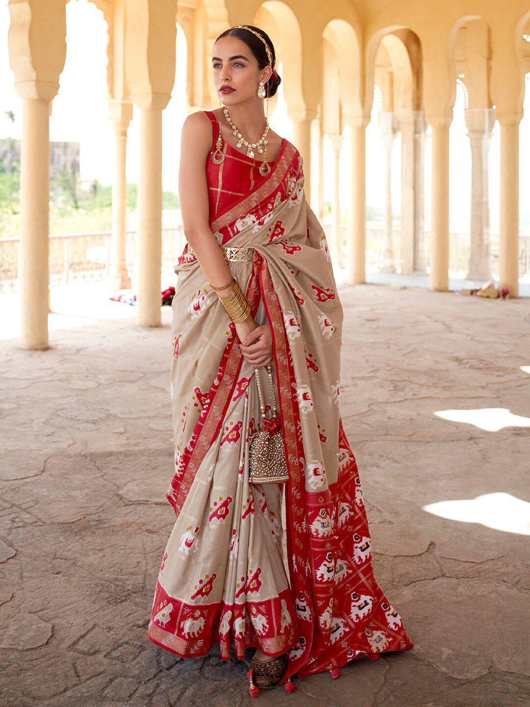 anouk cream-coloured & red ethnic motifs zari silk blend patola saree