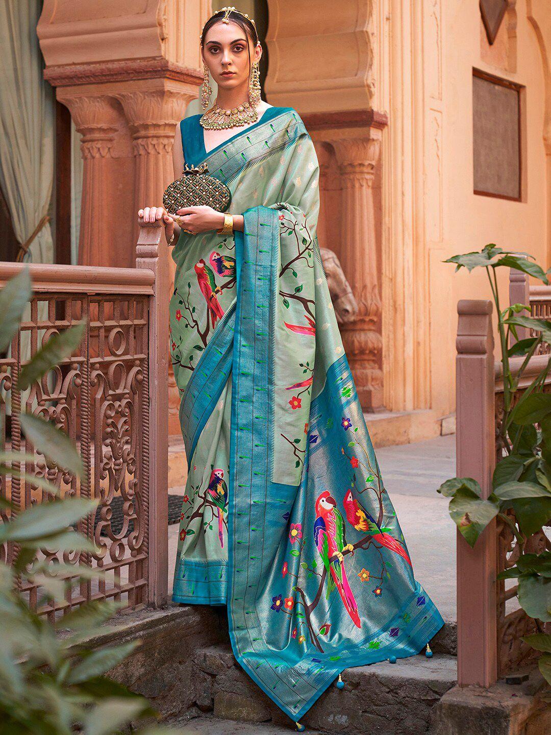 anouk sea green & blue ethnic motifs zari silk blend banarasi saree