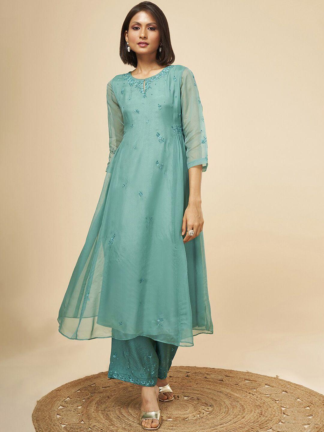 marigold lane floral sequinned embroidered anarkali kurta with trousers & dupatta