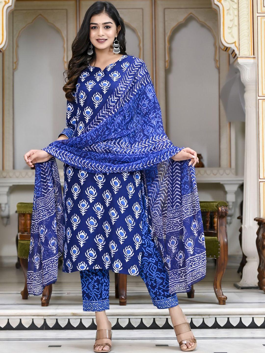 kalini women blue ethnic motifs printed regular kurta with trousers & with dupatta