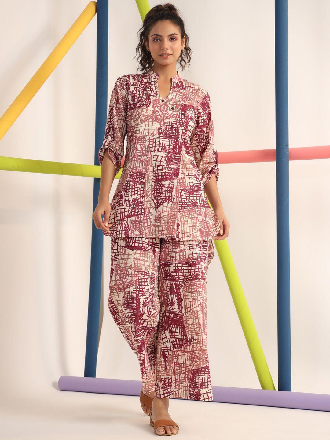 jisora women purple & cream-coloured printed night suit