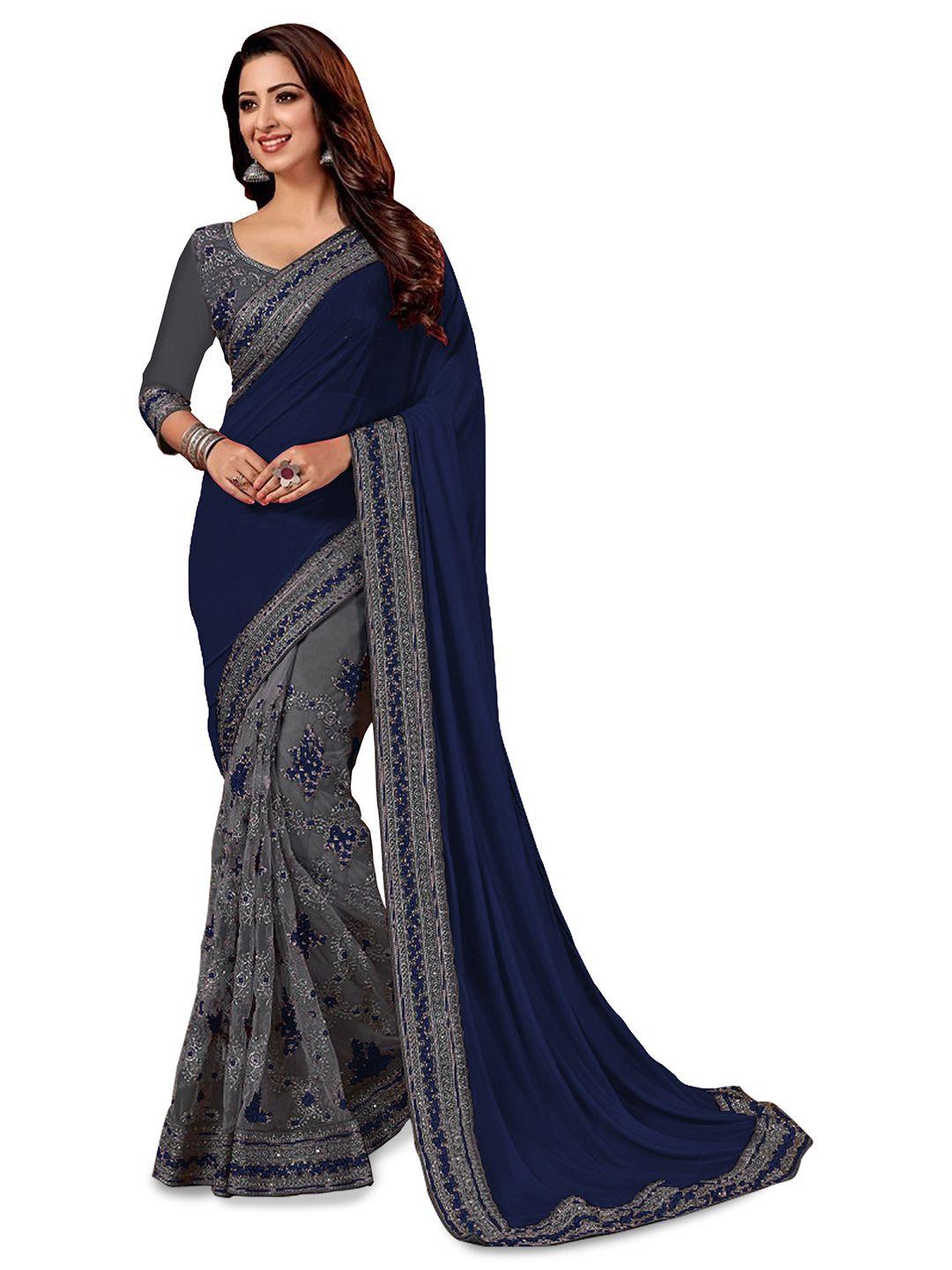 kedar fab ethnic motifs embroidered silk blend half and half saree