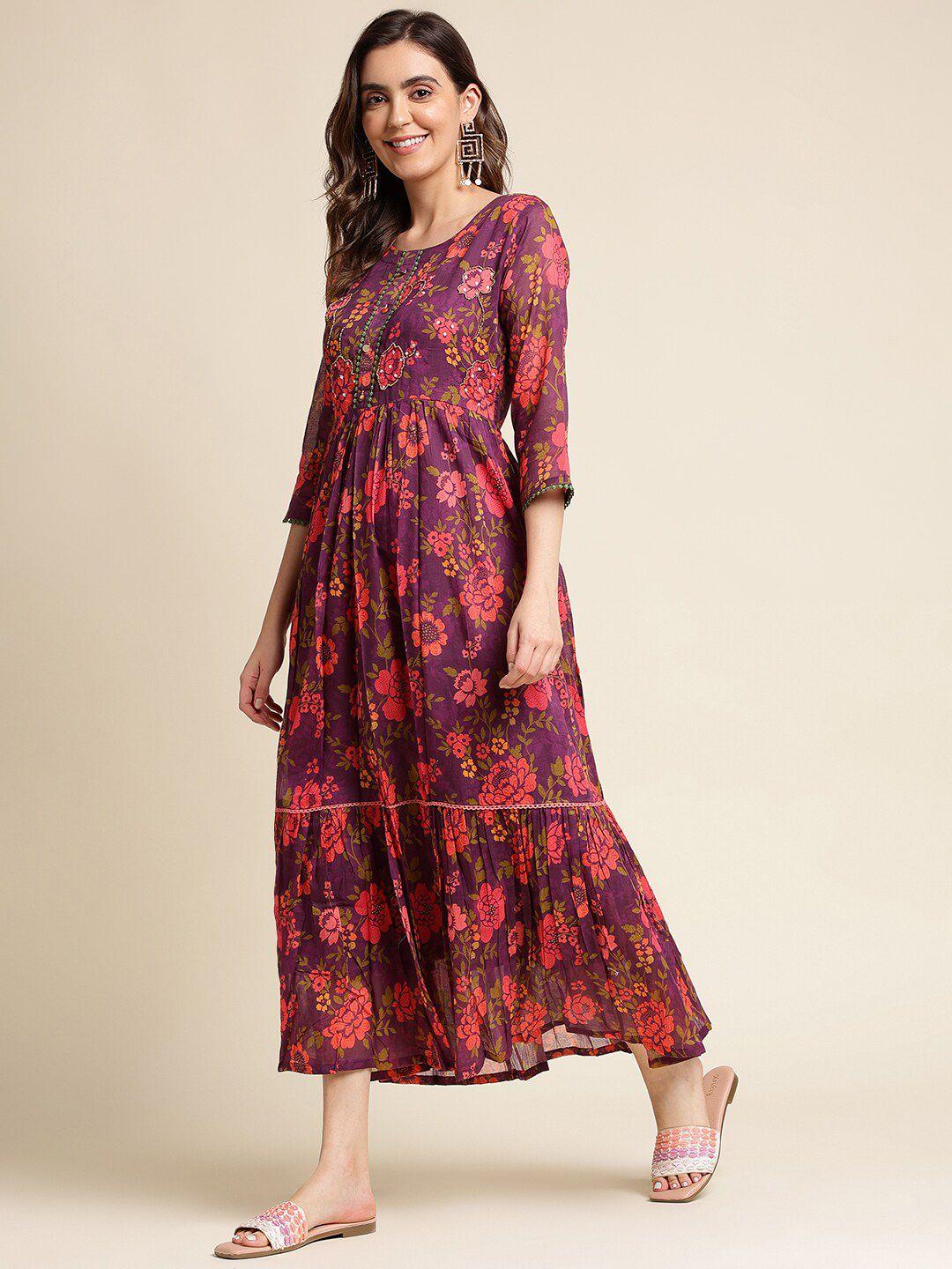 ishin purple floral print puff sleeve fit & flare midi dress