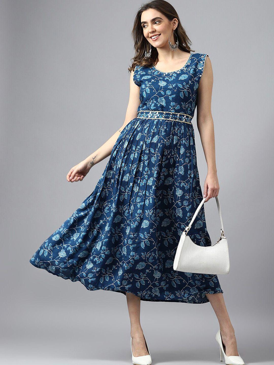 ishin navy blue floral print fit & flare midi dress