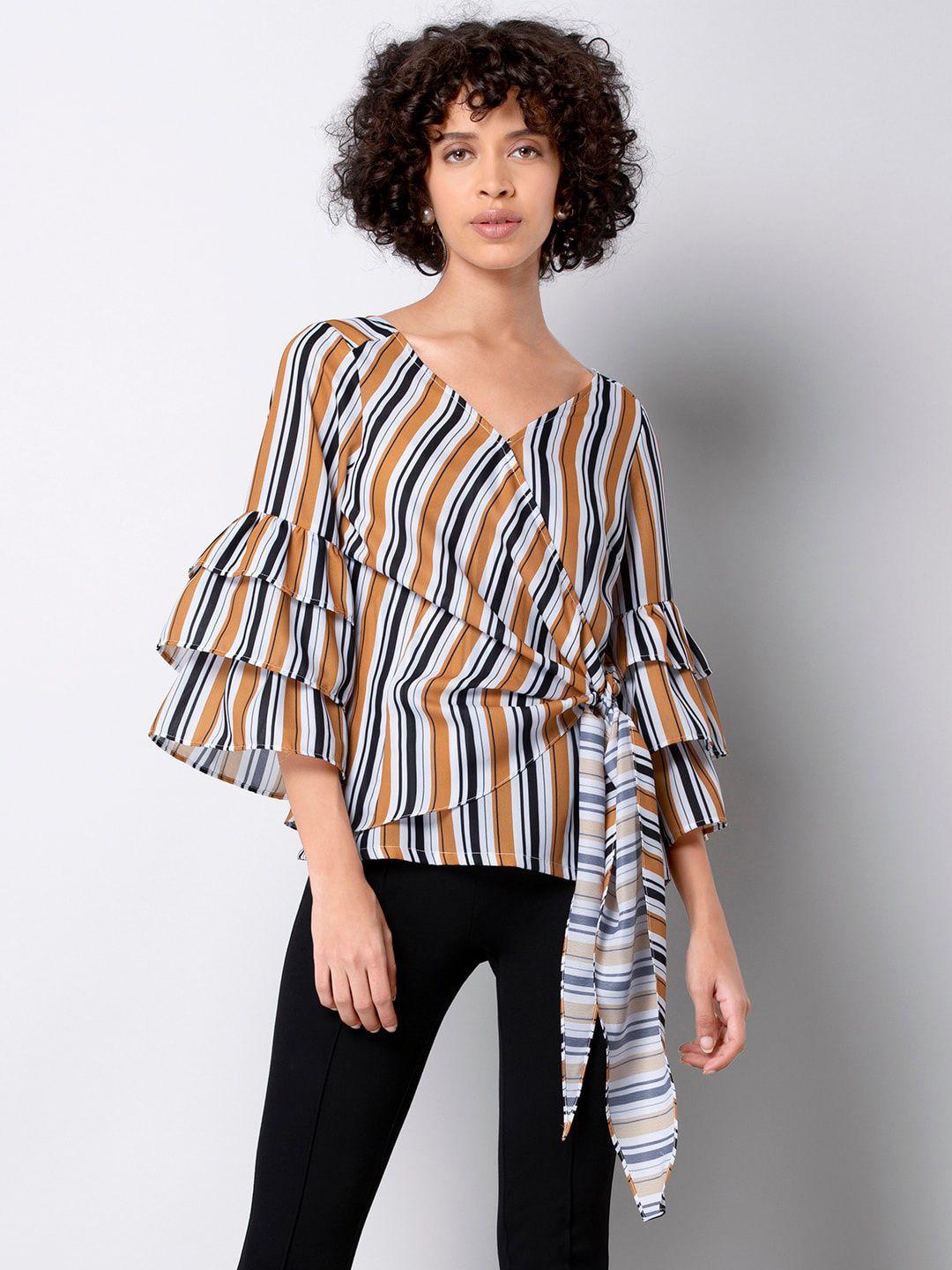 faballey yellow striped bell sleeve georgette wrap top