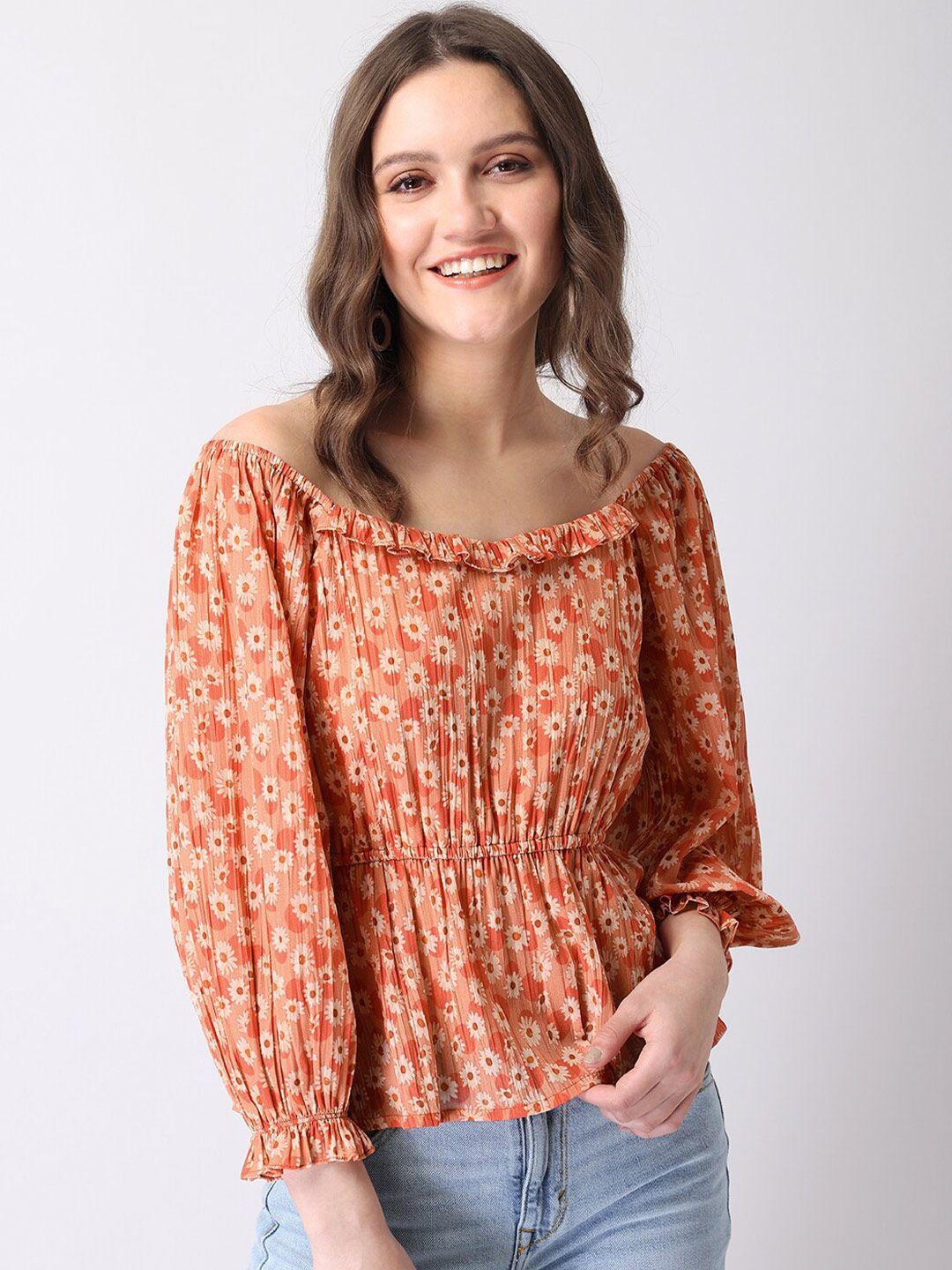 faballey orange floral print off-shoulder puff sleeve georgette bardot top