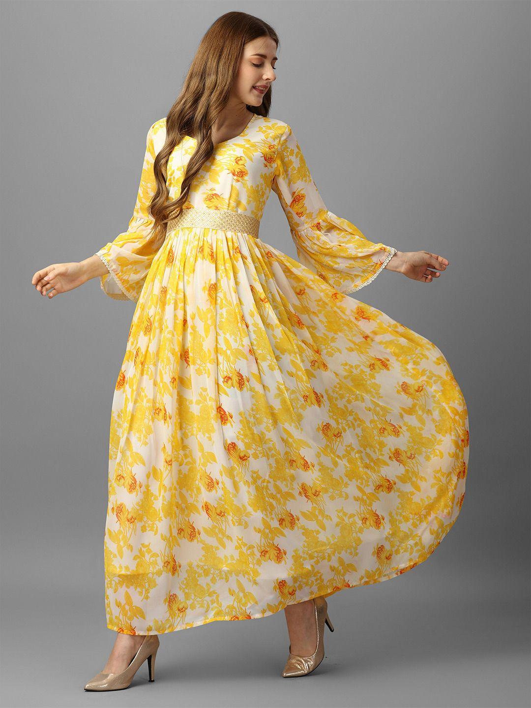 aspora yellow floral print tie-up neck bell sleeve georgette maxi dress