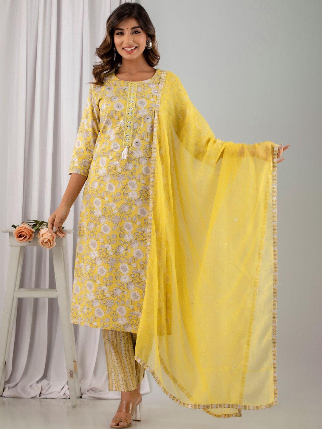 readiprint fashions women yellow floral printed regular mirror work pure cotton kurta with palazzos & with