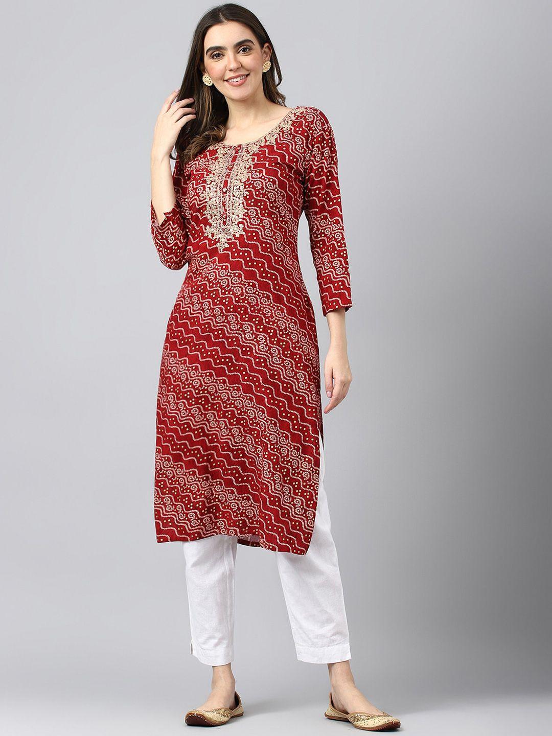 ishin maroon bandhani printed thread work straight kurta