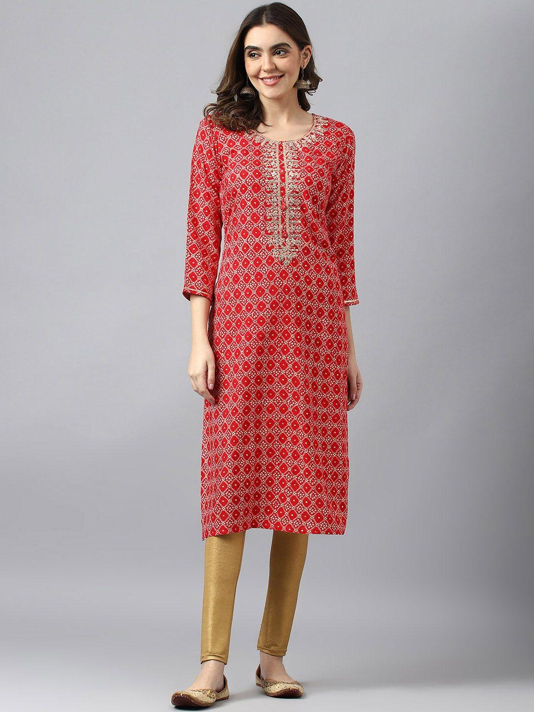 ishin red geometric embroidered keyhole neck kurta