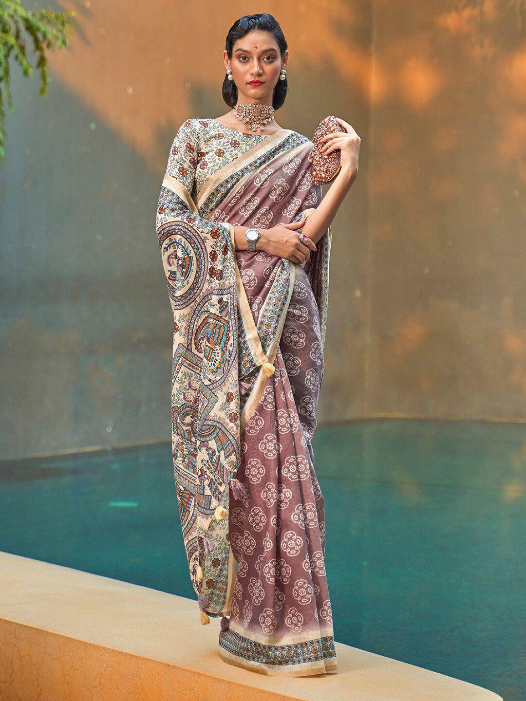 anouk burgundy & cream-coloured ethnic motifs bagh saree