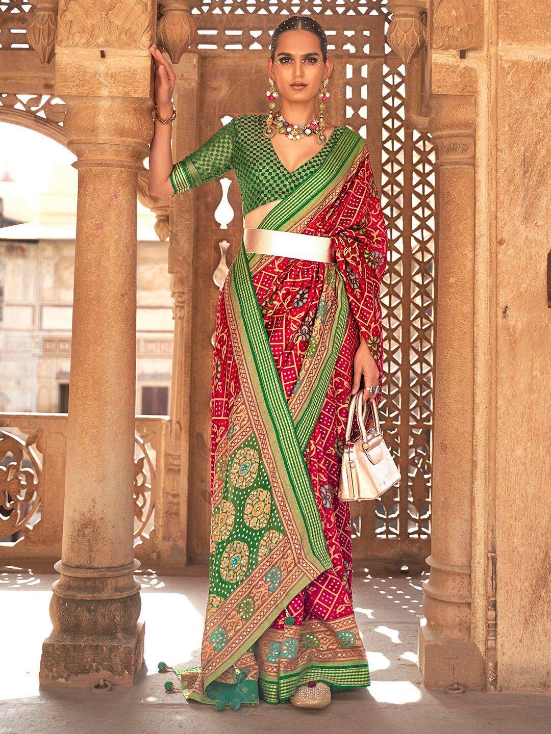 anouk pink & green ethnic motifs pure georgette bandhani saree