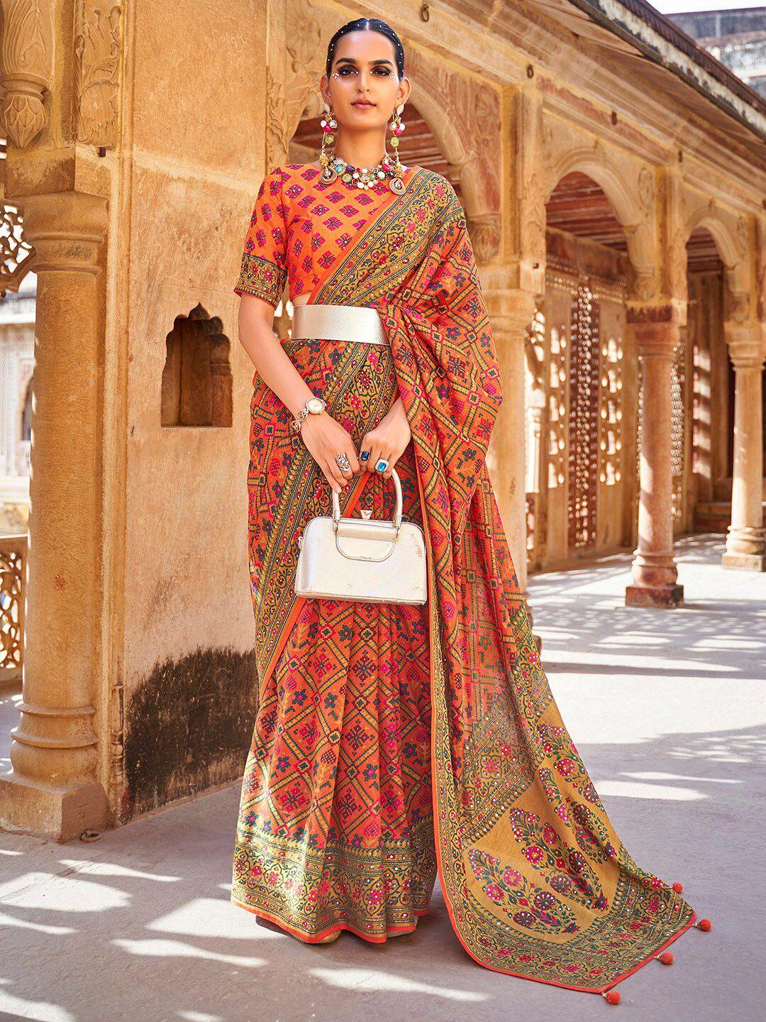 anouk orange & green ethnic motifs beads and stones pure georgette patola saree