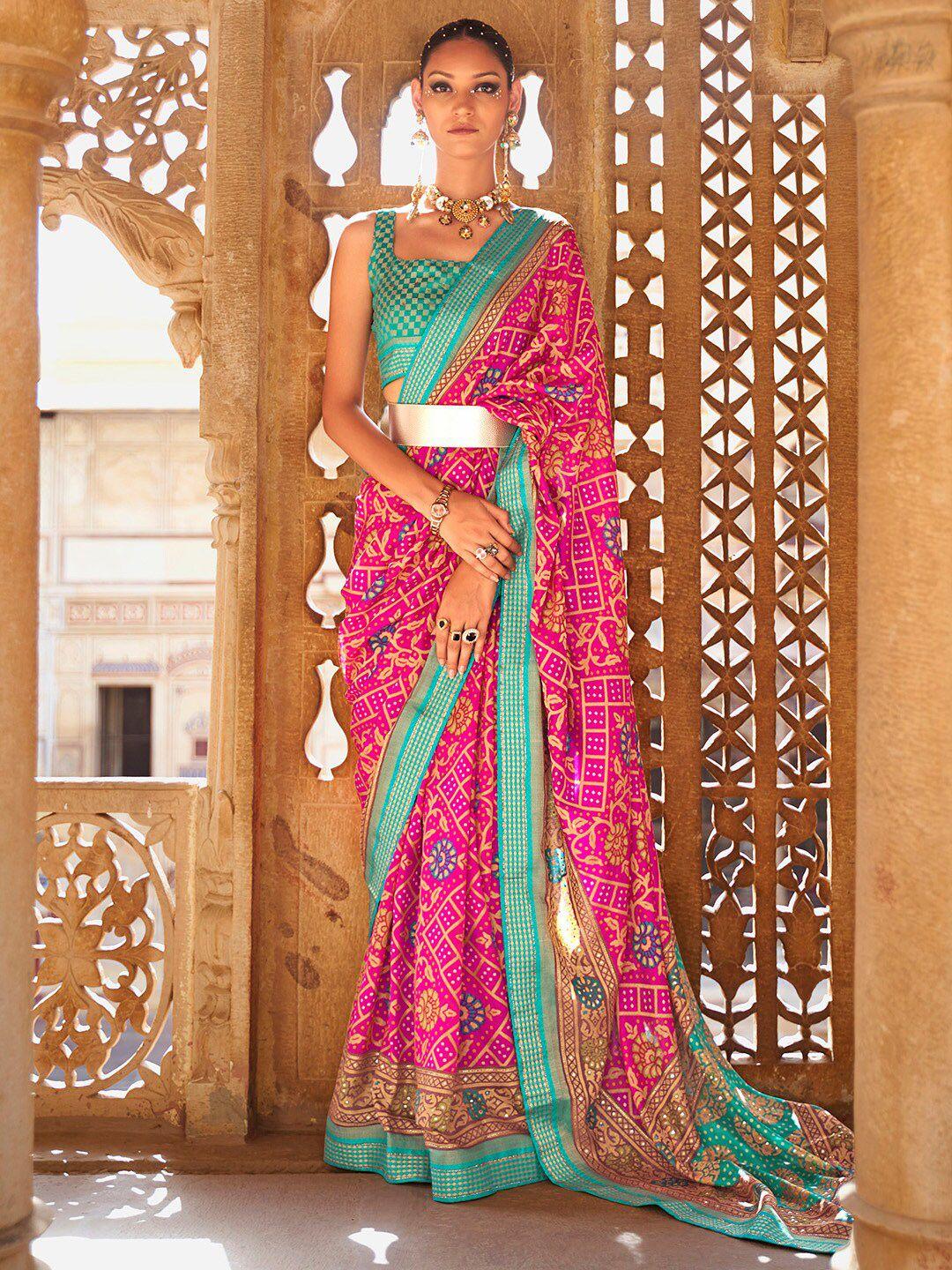 anouk pink & turquoise blue ethnic motifs zari pure georgette bandhani saree