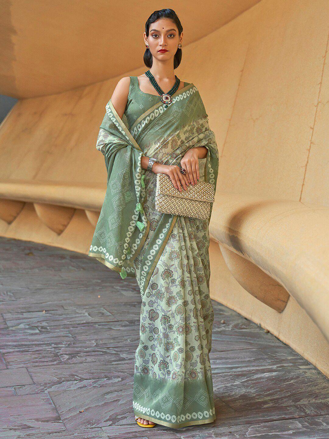 anouk green & gold-toned floral zari bagh saree