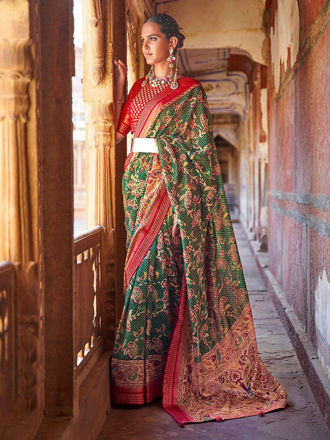 anouk green & red ethnic motifs zari pure georgette bandhani saree